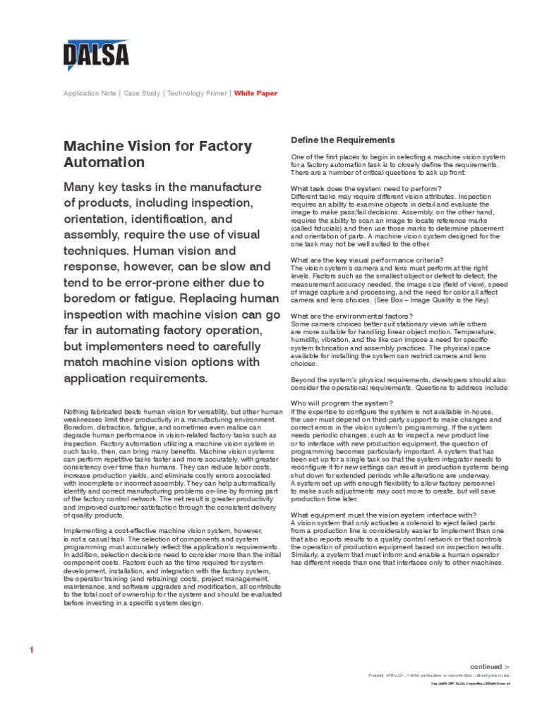 Machine Vision For Factory Automation: Application Note - Case Study ...