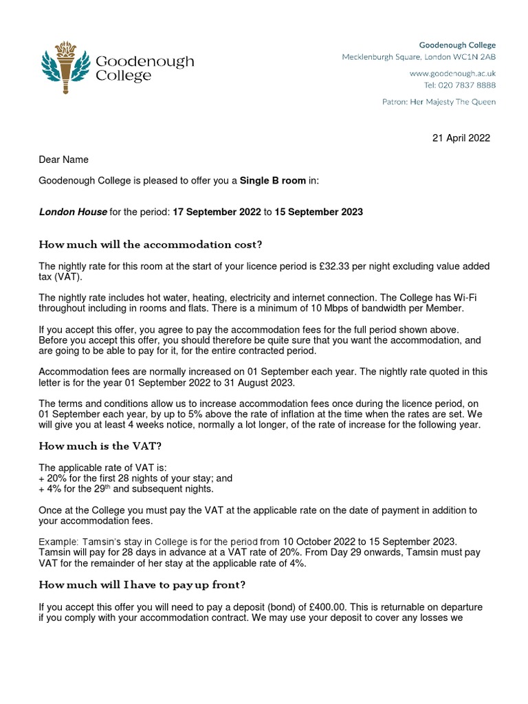 Goodenough College Accommodation Offer | PDF | Payments | Credit Card