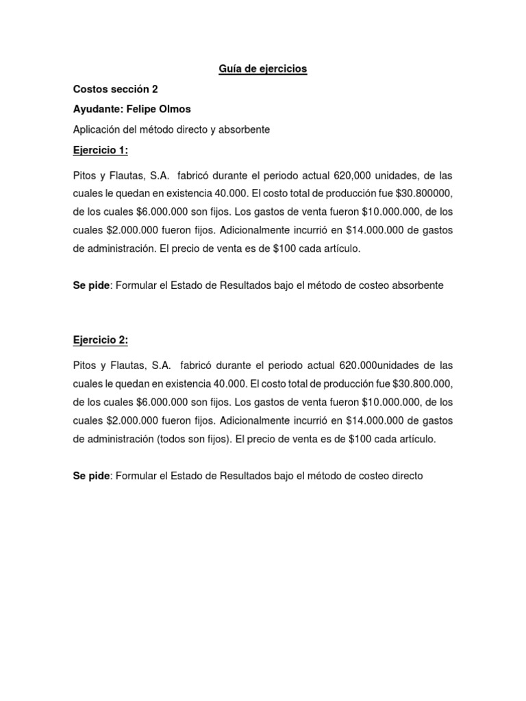 Ejercicios de Costeo Absorbente y Directo | PDF | Estado de resultados ...