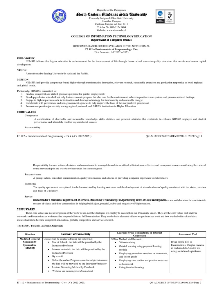 NEMSU IT 112 Course Syllabus 2022-2023 | PDF | Educational Technology | C++