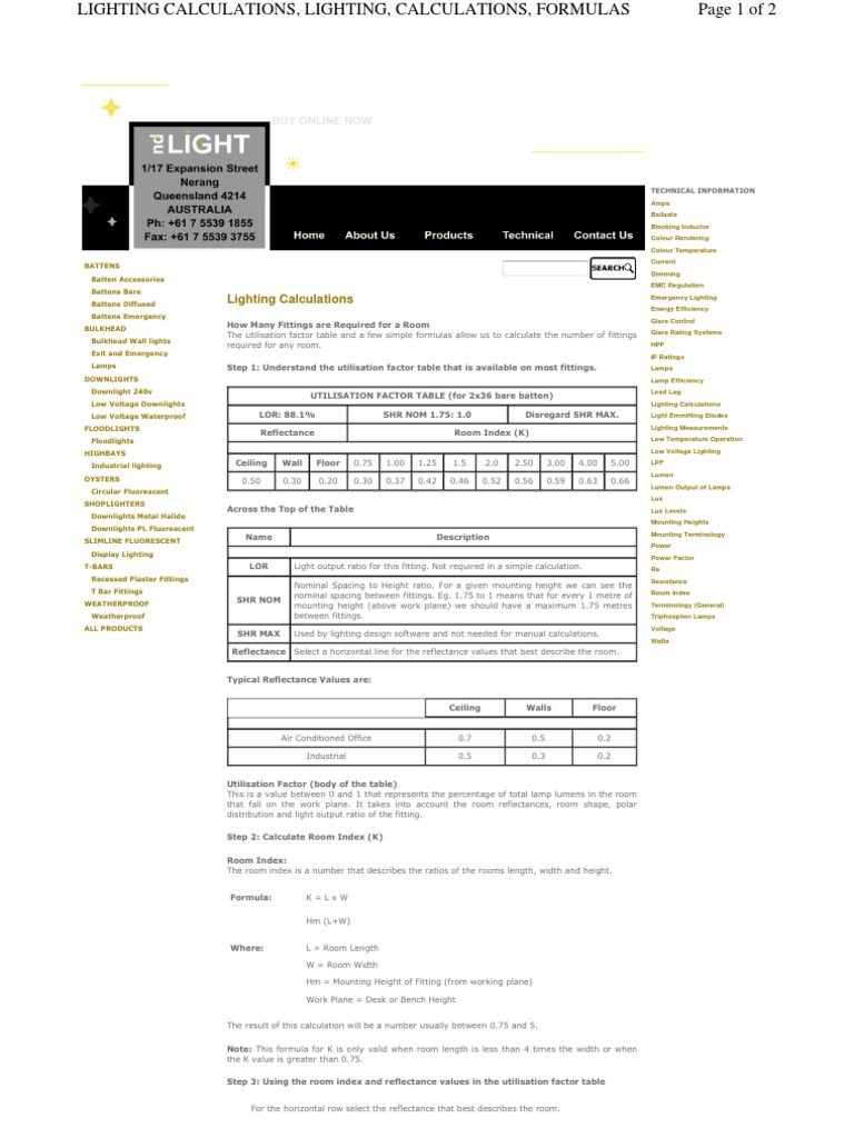 Lighting Calculations Formulas PDF Lighting Fluorescent Lamp