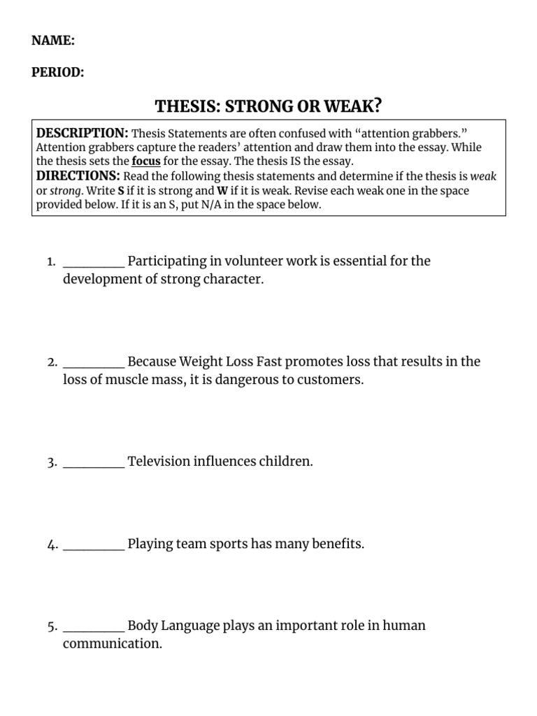Thesis Statement Worksheet | PDF