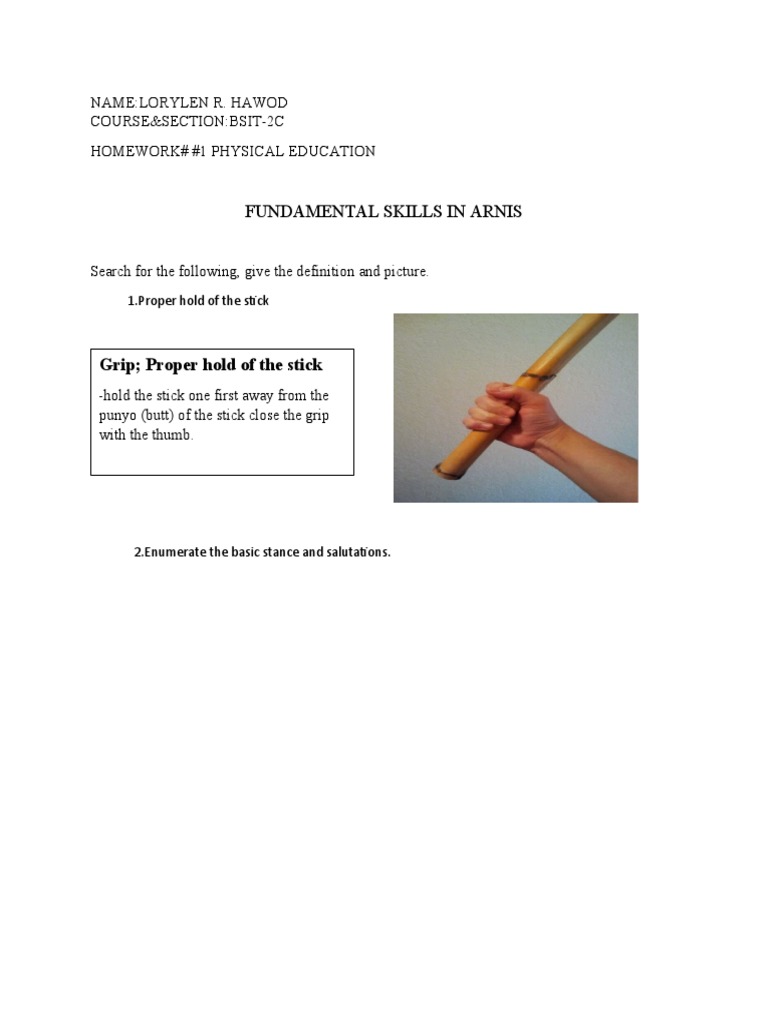 Fundamental Skills in Arnis Grip Proper Hold of The Stick PDF