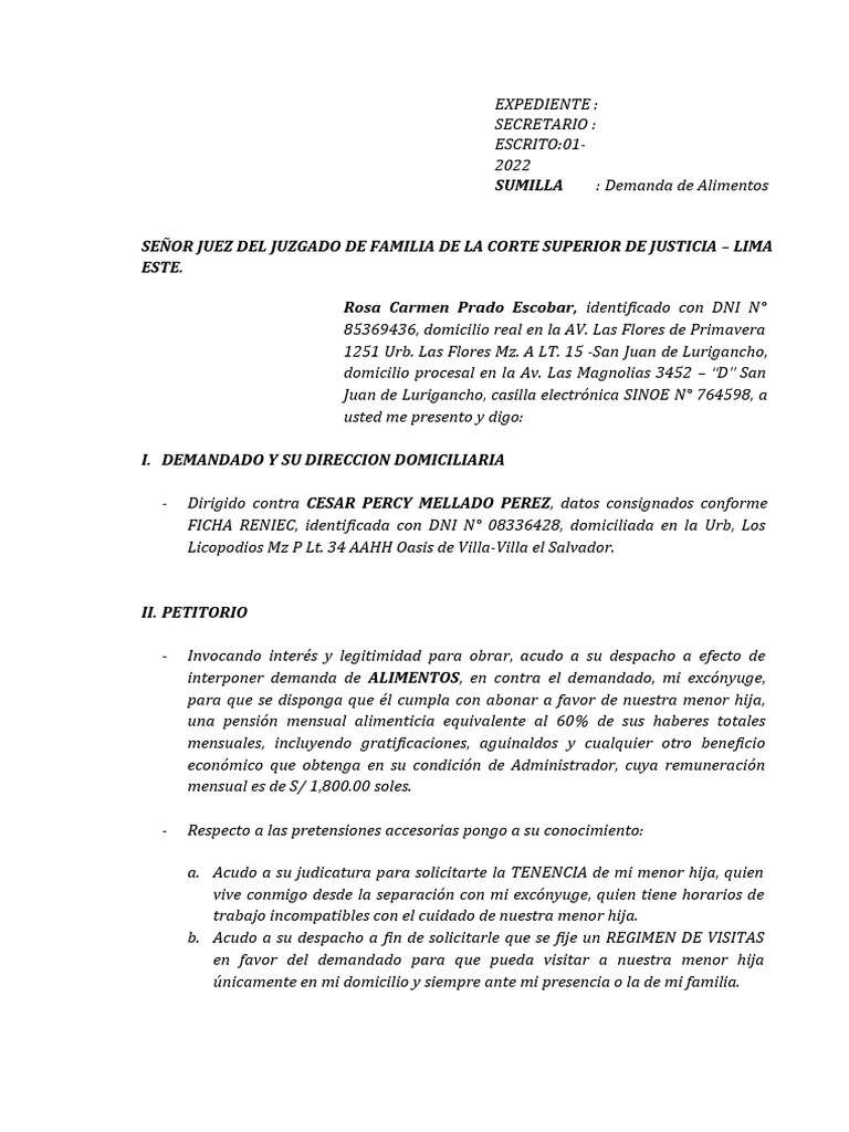 Demanda de Alimentos | PDF | Demanda judicial | Divorcio