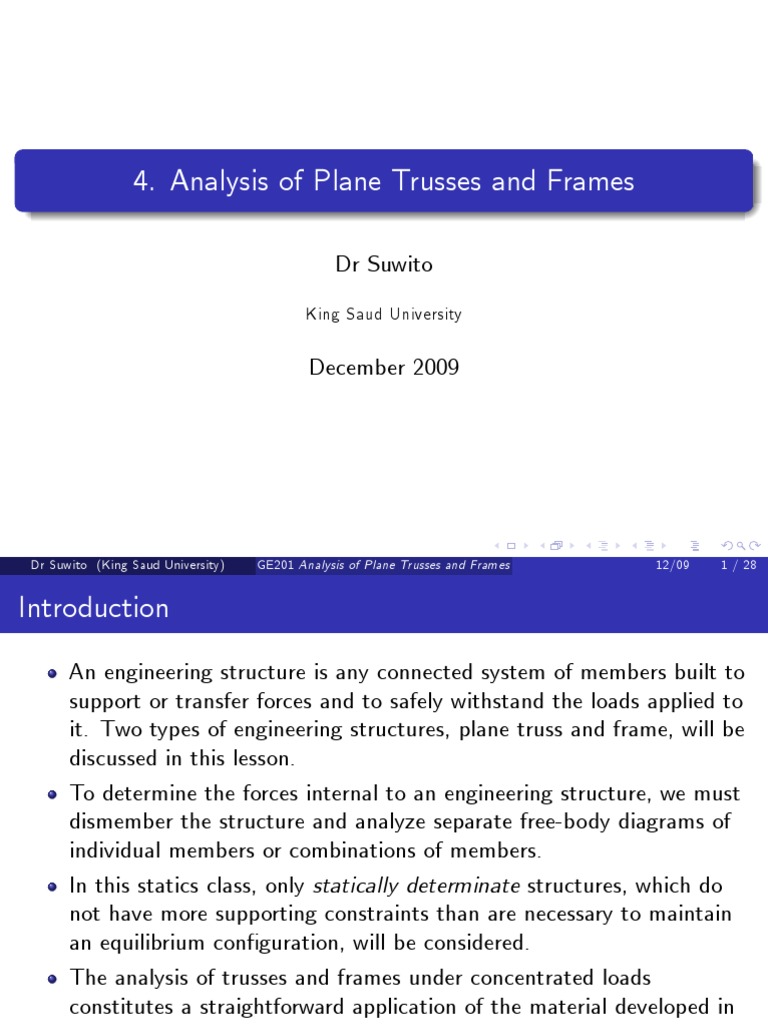 Analysis of Plane Trusses and Frames: DR Suwito | PDF | Truss ...
