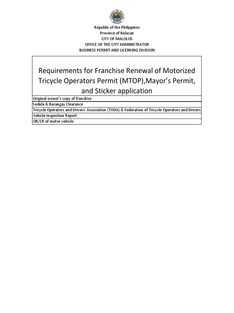 Requirements For Franchise Renewal of Motorized Tricycle Operators