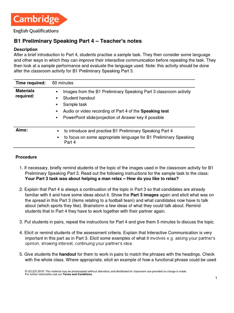 B1 Preliminary Speaking Part 4 Pdf Communication Question