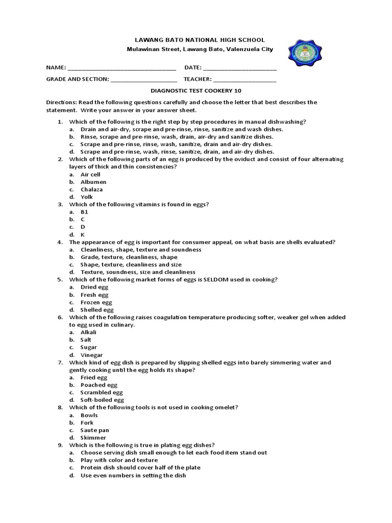 Grade 10 Cookery Diagnostic Test | PDF | Beef | Cooking