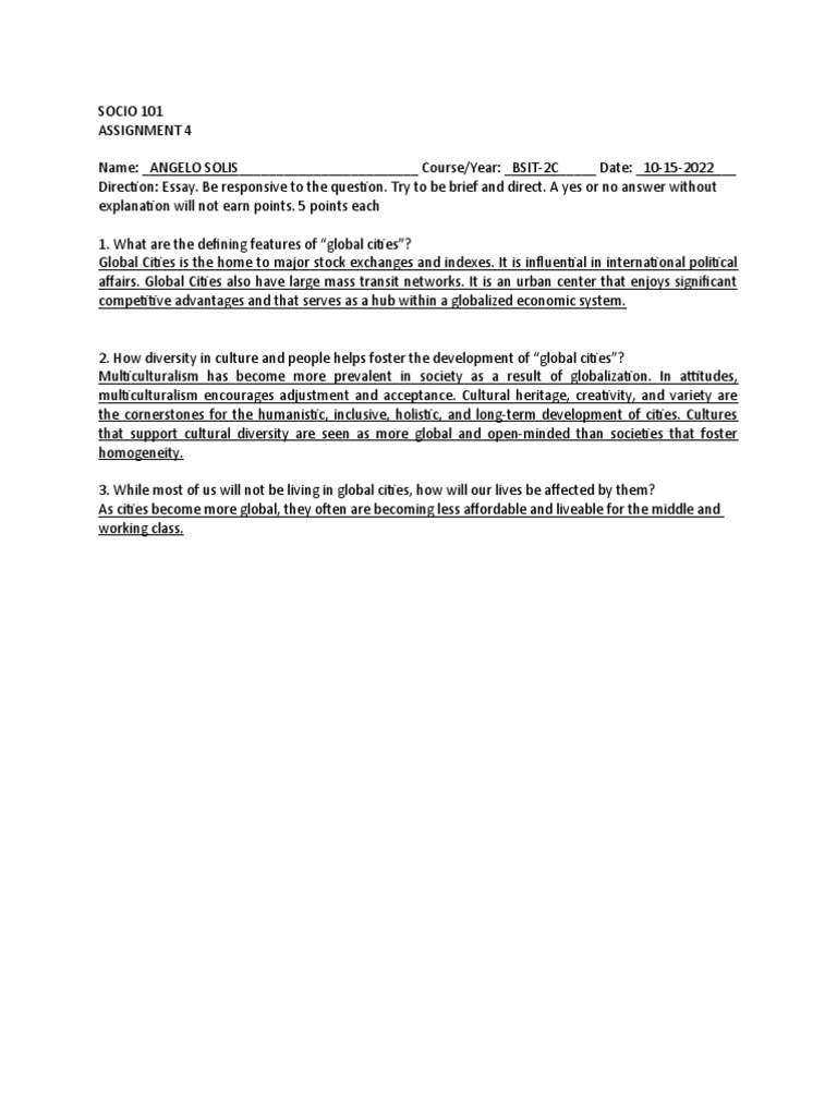 SOCIO 101 Assignment 4 | PDF | Finance & Money Management | Politics