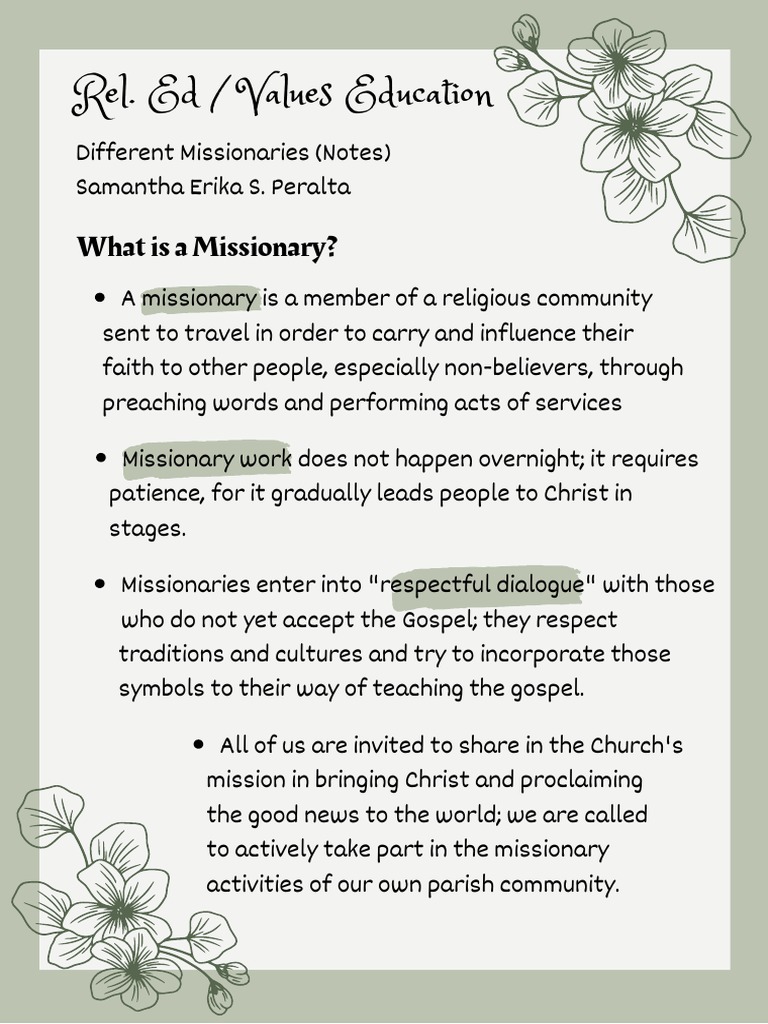 Rel. Ed Values Education Missionaries Notes | Download Free PDF ...