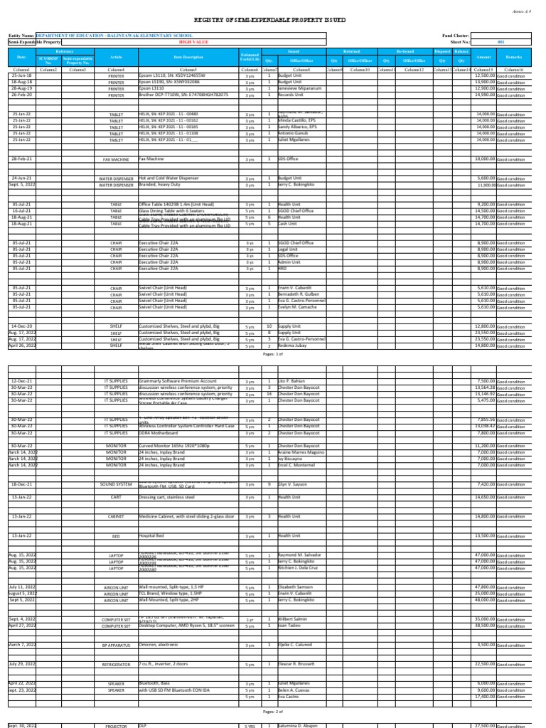 A.4B Registry of Semi Expendable Property Issued HV PDF Laptop Computer Hardware