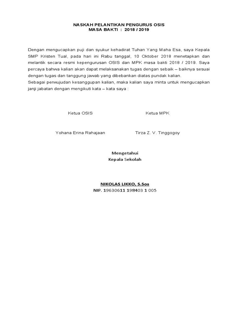 Naskah Pelantikan Pengurus Osis | PDF