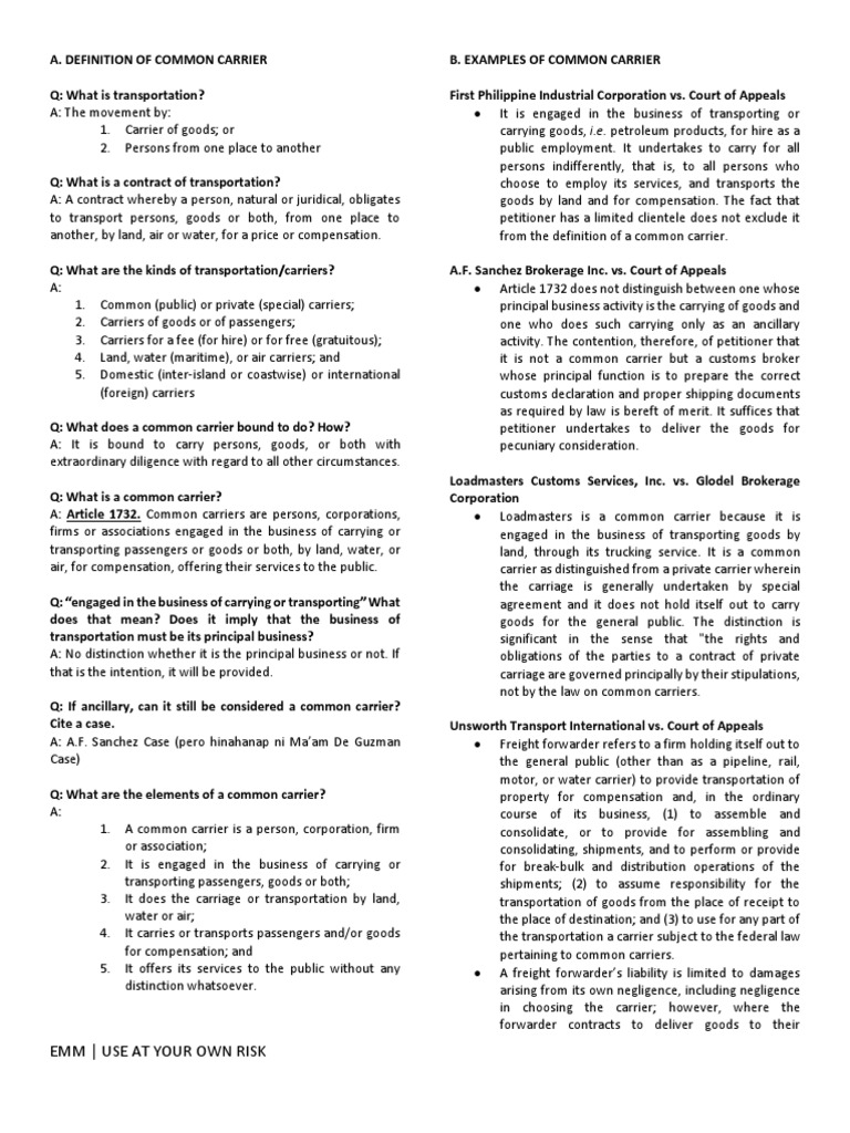 Analysis of the Legal Concept of Common Carriers Based on Philippine