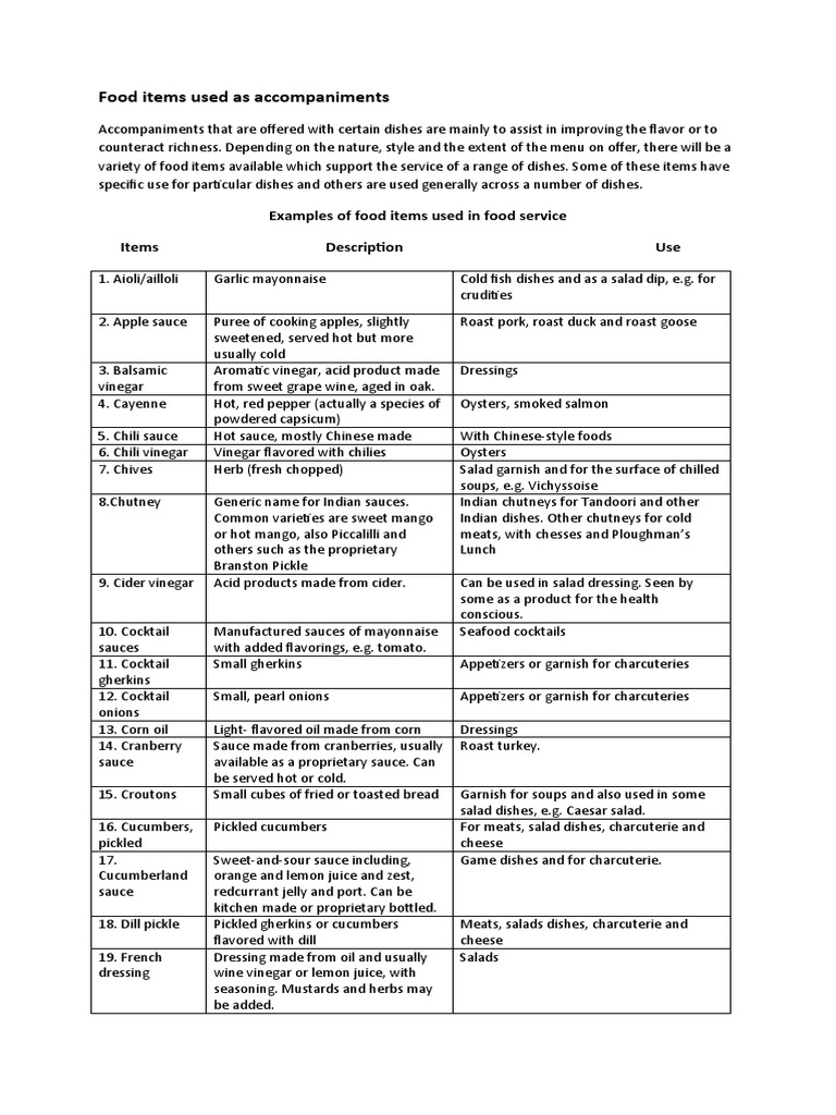 Essential Food Accompaniments Guide | PDF