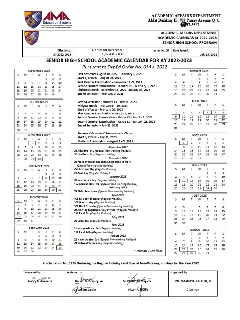 Calendar SHS 2022 PDF Academic Term Observances