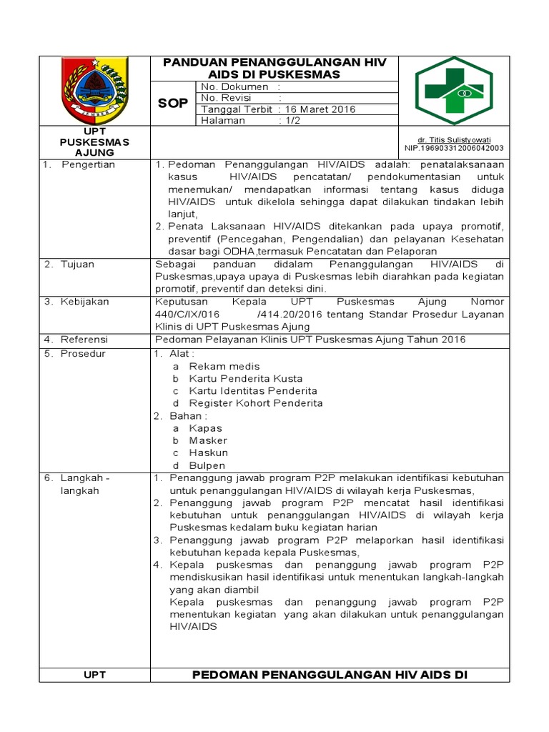 Sop Pedoman Penanggulangan Hiv Aids Di Puskesmas Mtp Blm Pdf