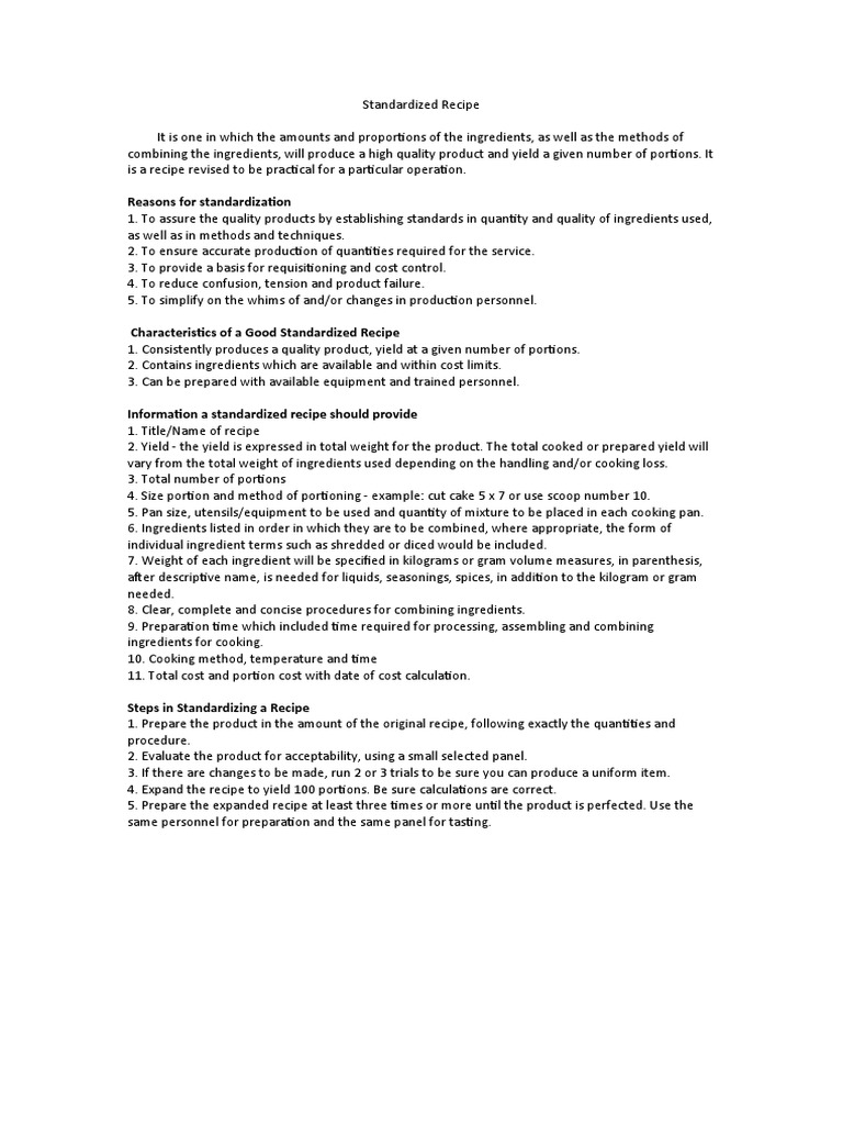 Standardized Recipe Notes PDF Cooking Weight