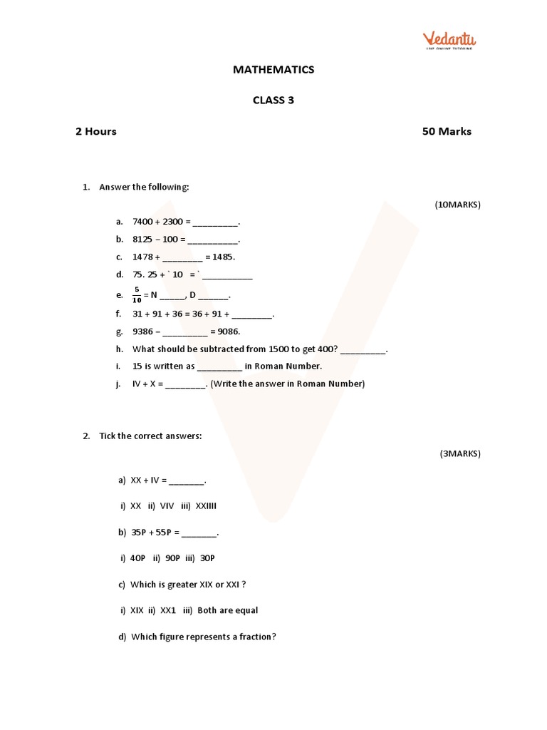 Class 3 Mathematics Exam Paper | PDF | Notation | Mathematical Notation