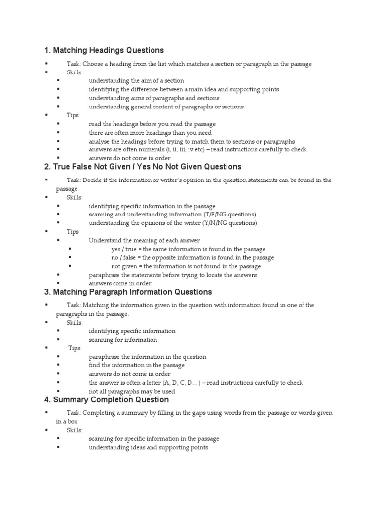 Ielts Reading Question Types PDF Word Question