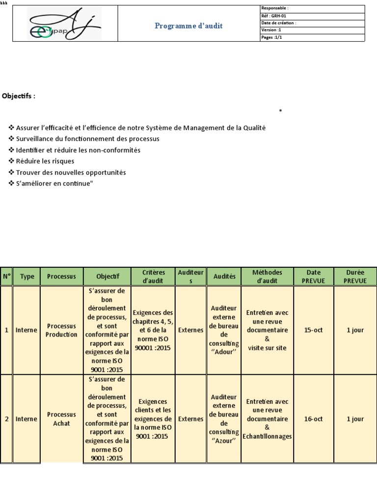Programme d'Audit ISO 9001:2015 | PDF | Audit | Management de la qualité