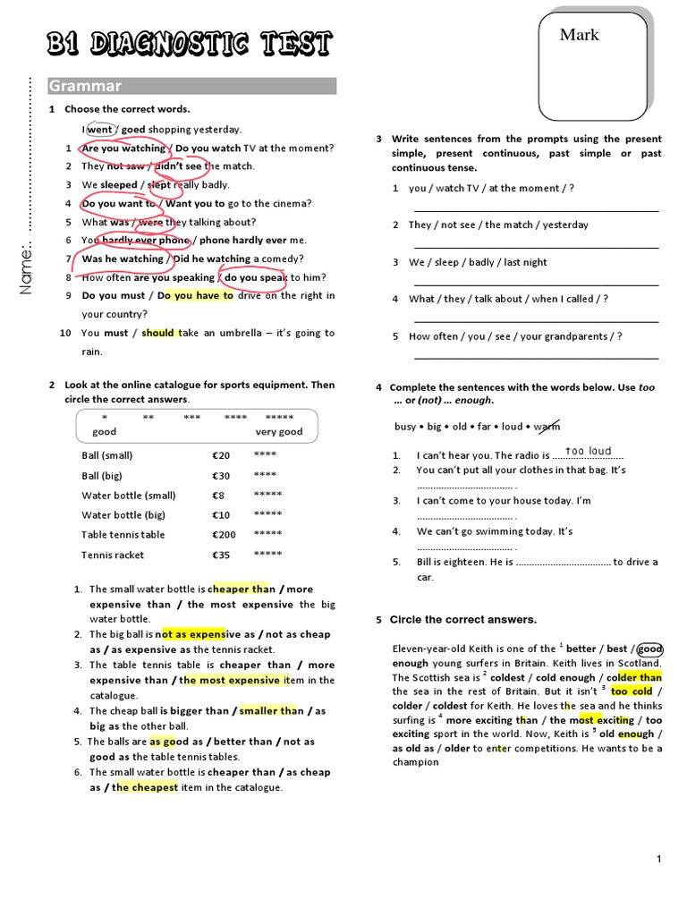 B1 Grammar Test Pdf Linguistics