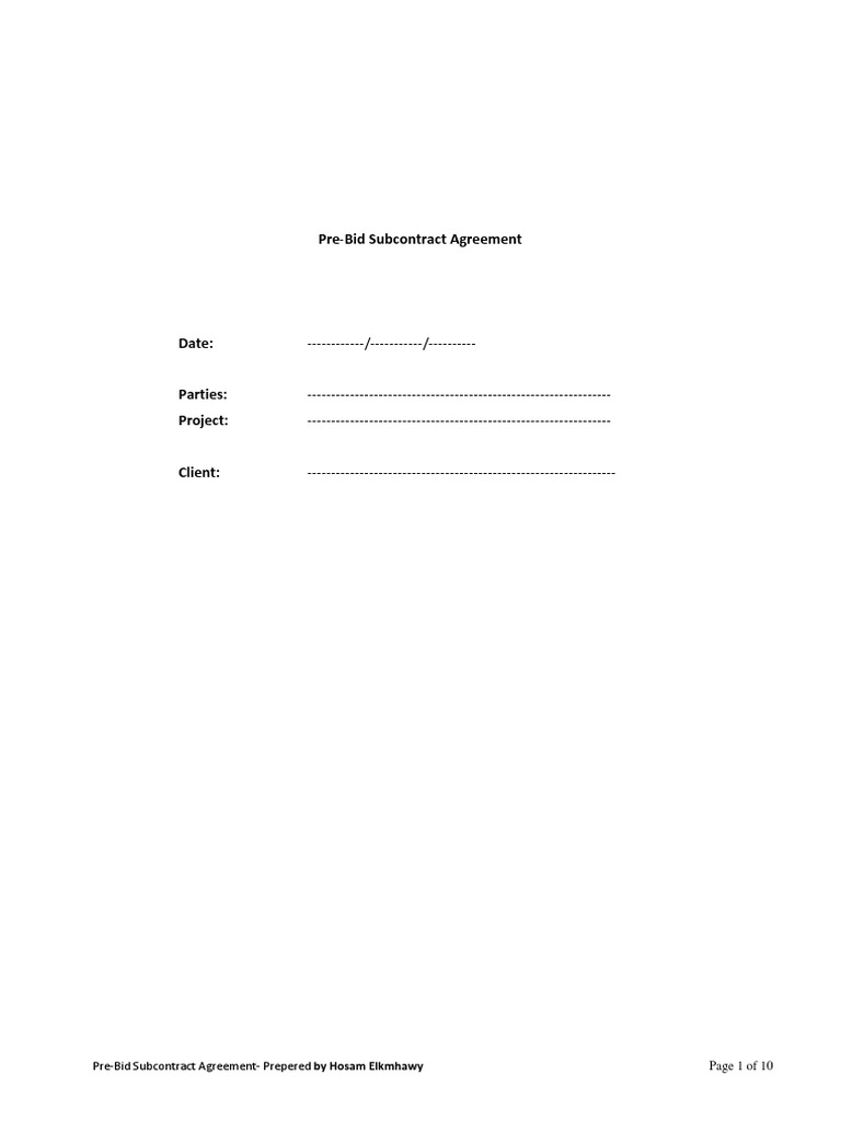 Pre-Bid Subcontract Agreement Template | PDF