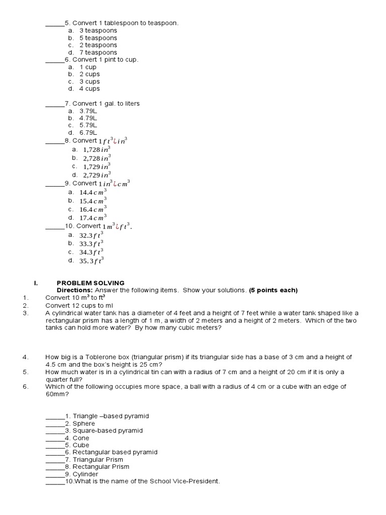 Cube PDF Teaspoon Volume