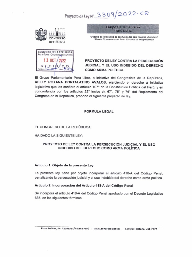 Bancada de Perú Libre Presenta Proyecto de Ley Contra "La Persecución ...