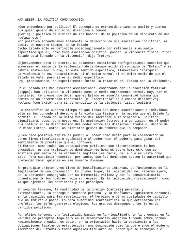 Weber. La Política Como Vocación PDF Estado (política) Violencia