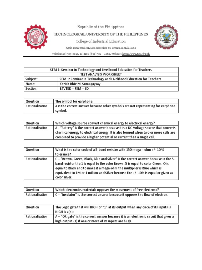 Test Analysis Worksheet Electronics_Sumagaysay PDF Electronic
