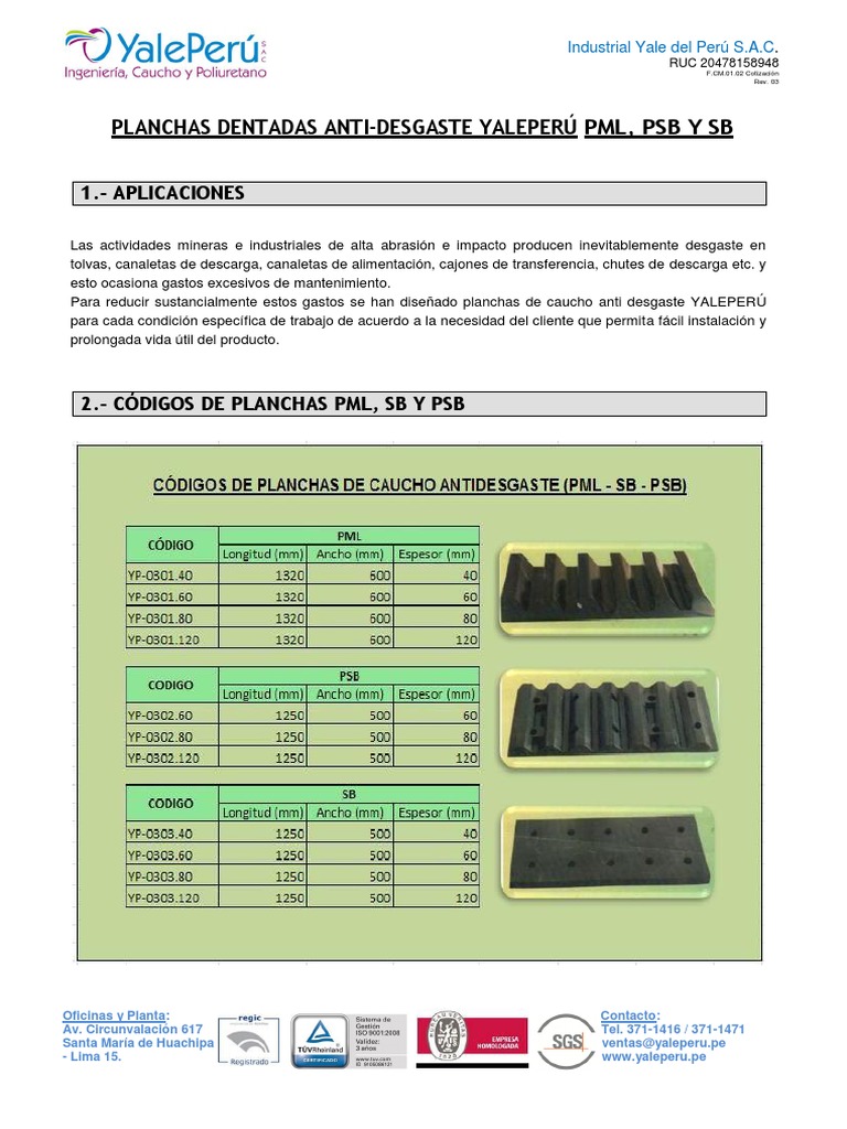 Planchas Anti Desgaste Yale Perú PML | PDF | Caucho natural | Materiales