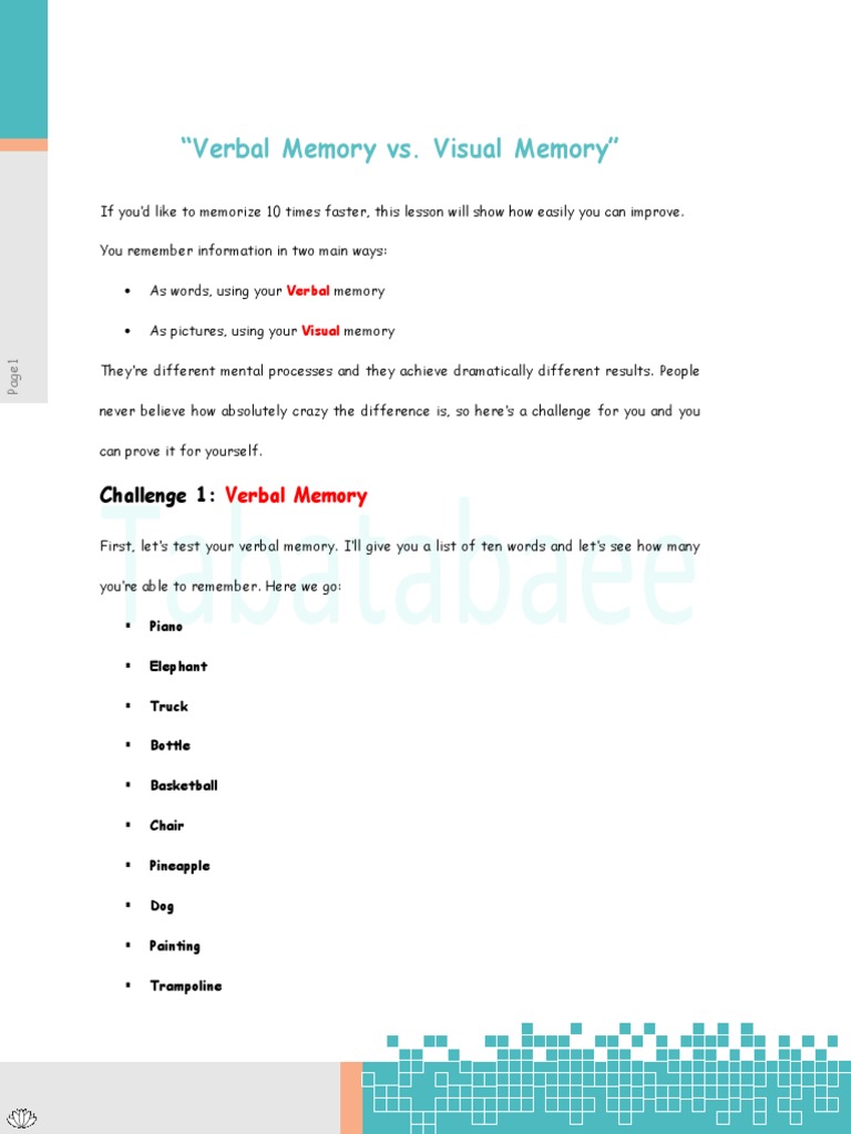 Verbal Memory vs. Visual Memory PDF Memory