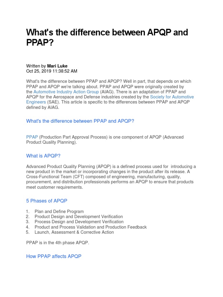 What Is The Difference Between APQP AND PPAP | PDF