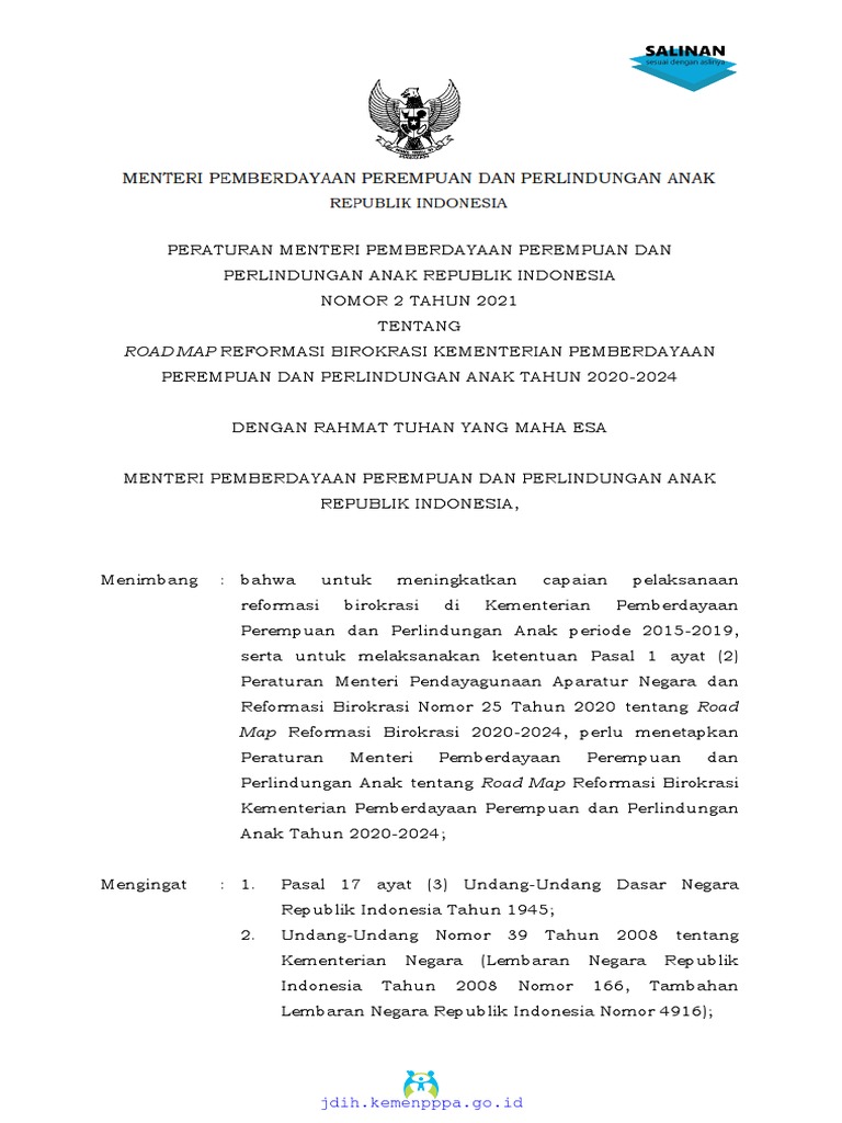 Permen pppa no 2 thn 2021 ttg road map rb kemen pppa tahun 2020 2024 pdf