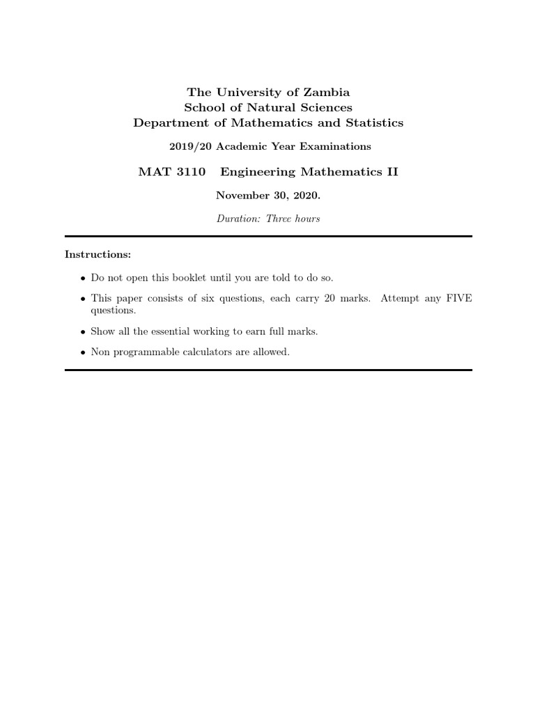 MAT 3110 Engineering Mathematics II Exam | PDF | Laplace Transform ...