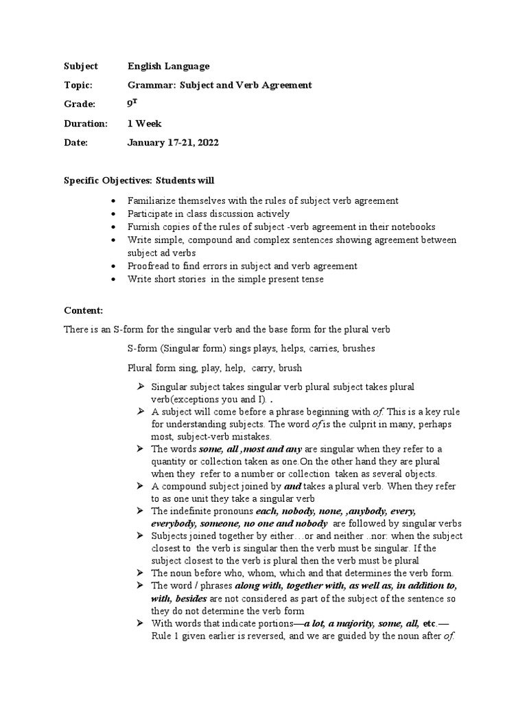 9th Grade Subject-Verb Agreement Plan | PDF | Grammatical Number | Plural