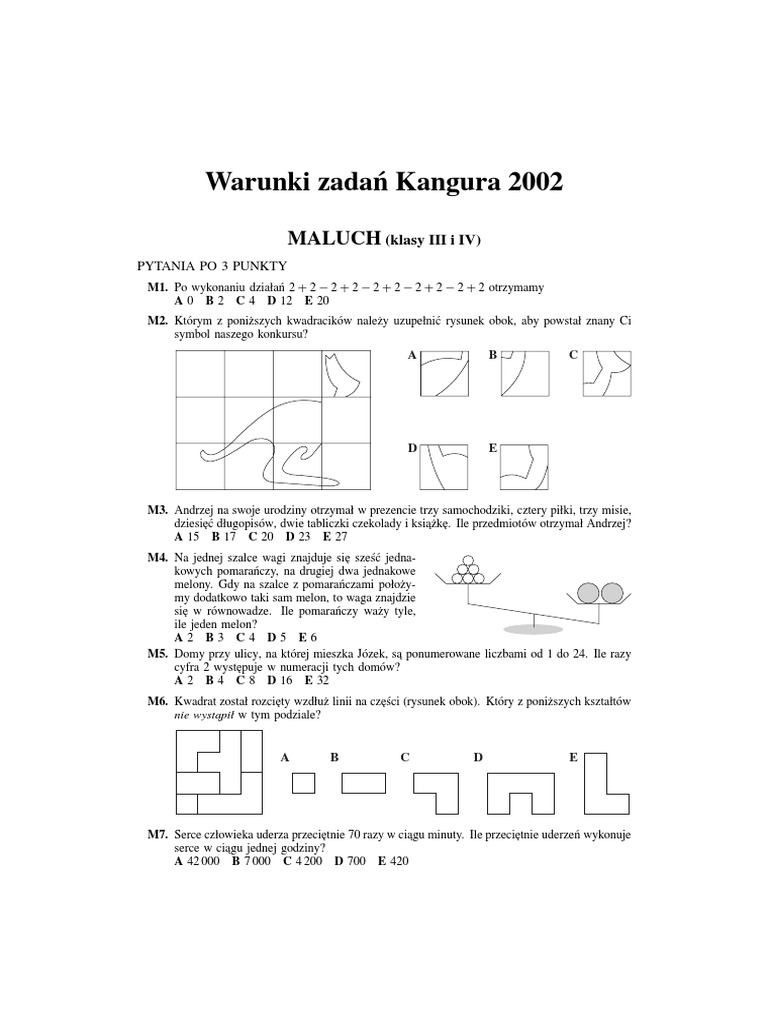 Kangur Matematyczny Kategorie Wiekowe Kangur Matematyczny - Wszystkie Grupy - 2002 | PDF