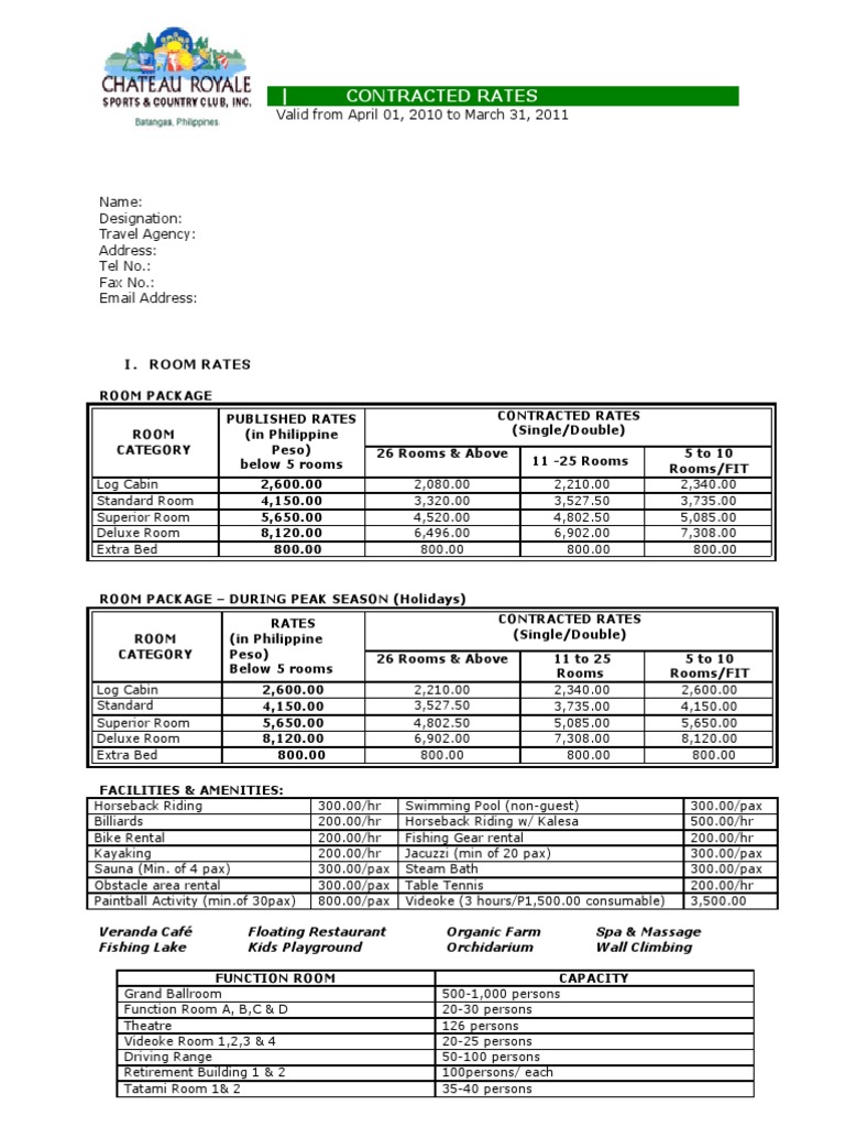 Chateau Royale Contracted Rates 2010-2011 | PDF | Travel Agency | Business