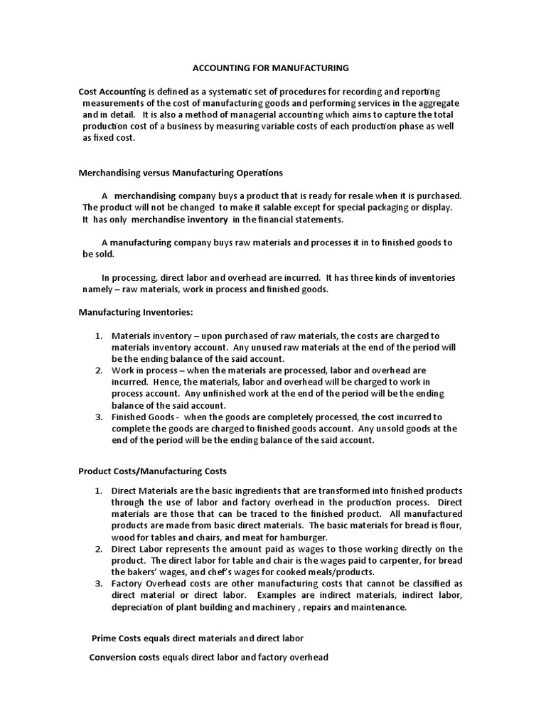 Accounting For Manufacturing Cost Accounting Is Defined As A Systematic ...