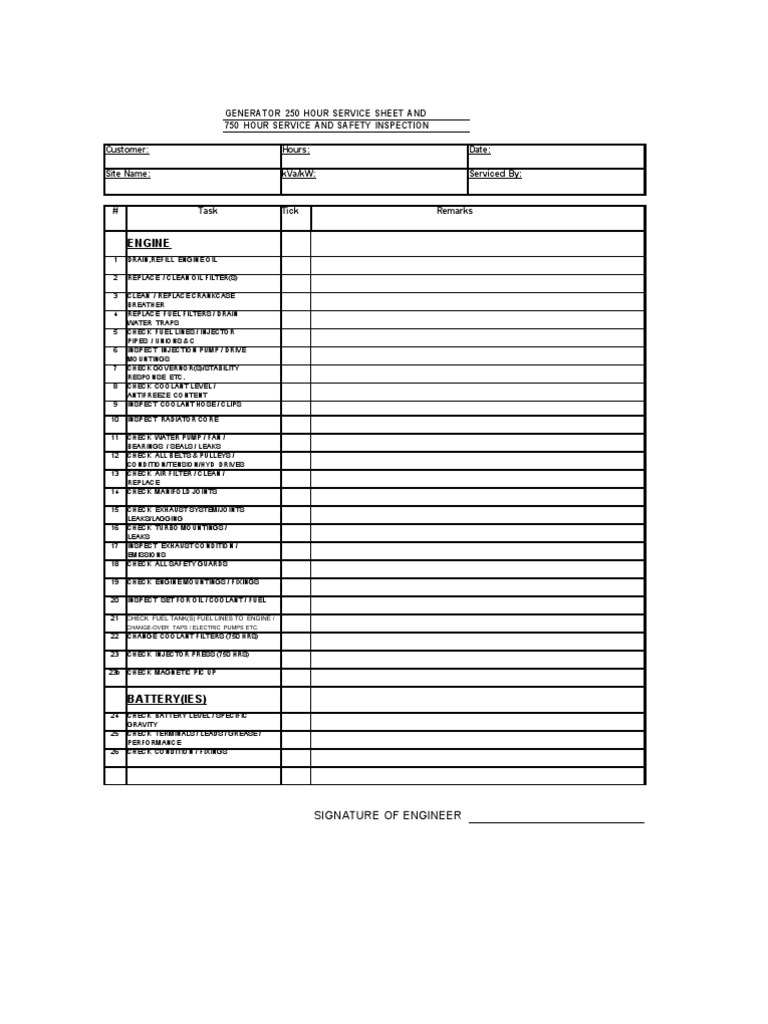 Generator 250 Hour Service Sheet Template Mains Electricity Relay