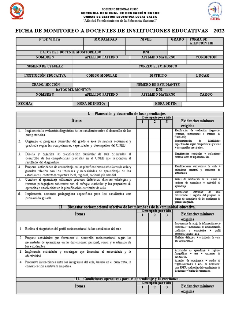 1 Ficha de Monitoreo Docente 2022 | PDF | Evaluación | Salón de clases