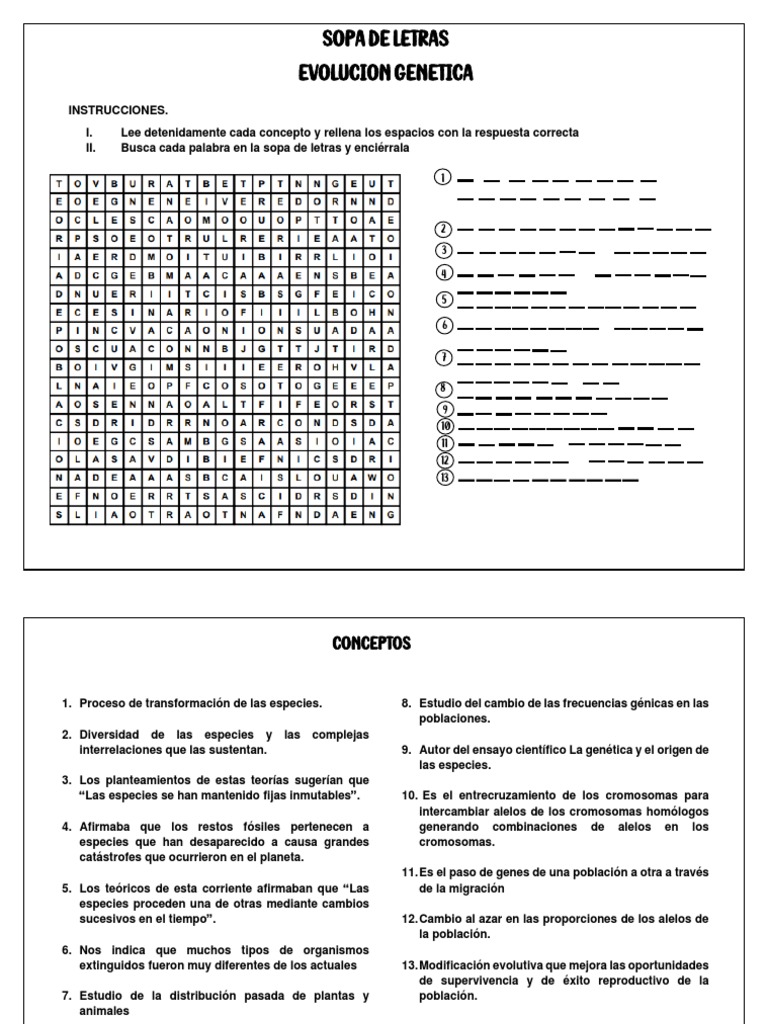 Sopa De Letras Pdf Evolución Especies 