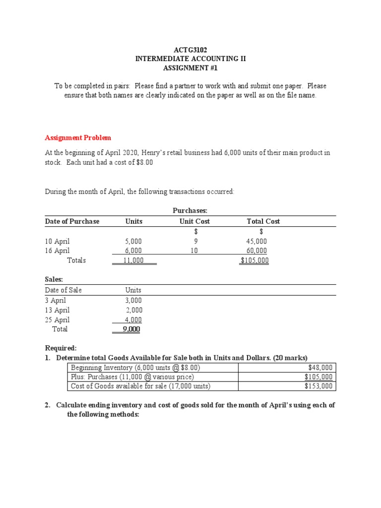 Intermediate Accounting Assigment #1 | PDF | Cost Of Goods Sold ...