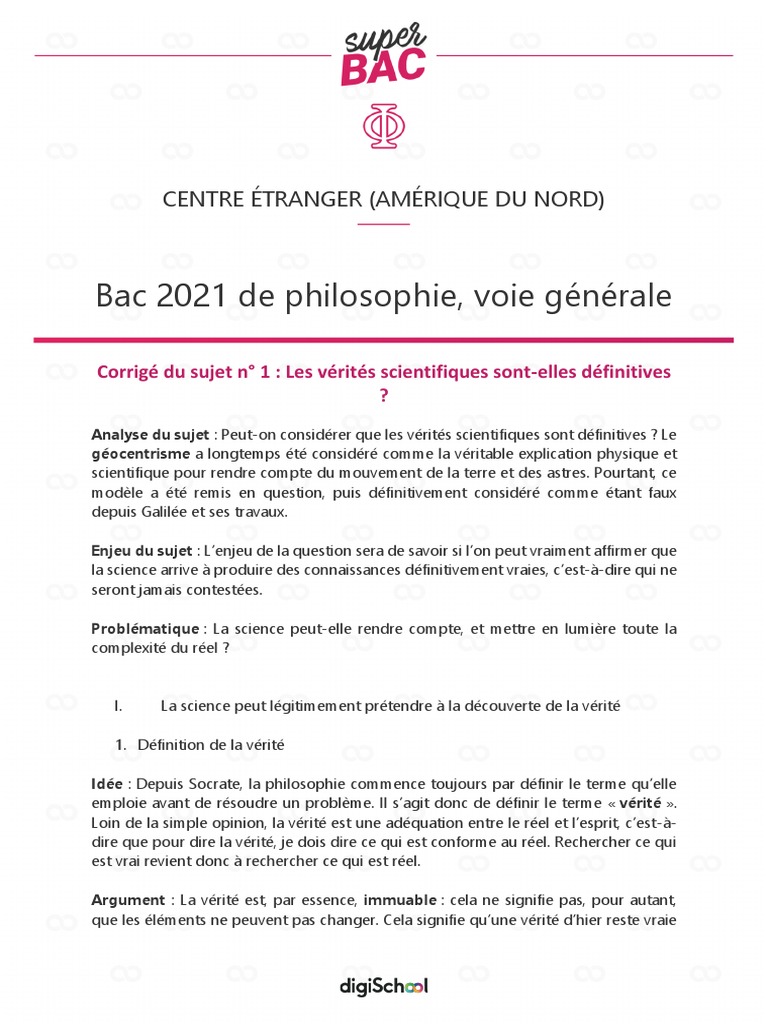 Corrige Sujets Philosophie Bac 2021 Amerique Nord 2 PDF Vérité