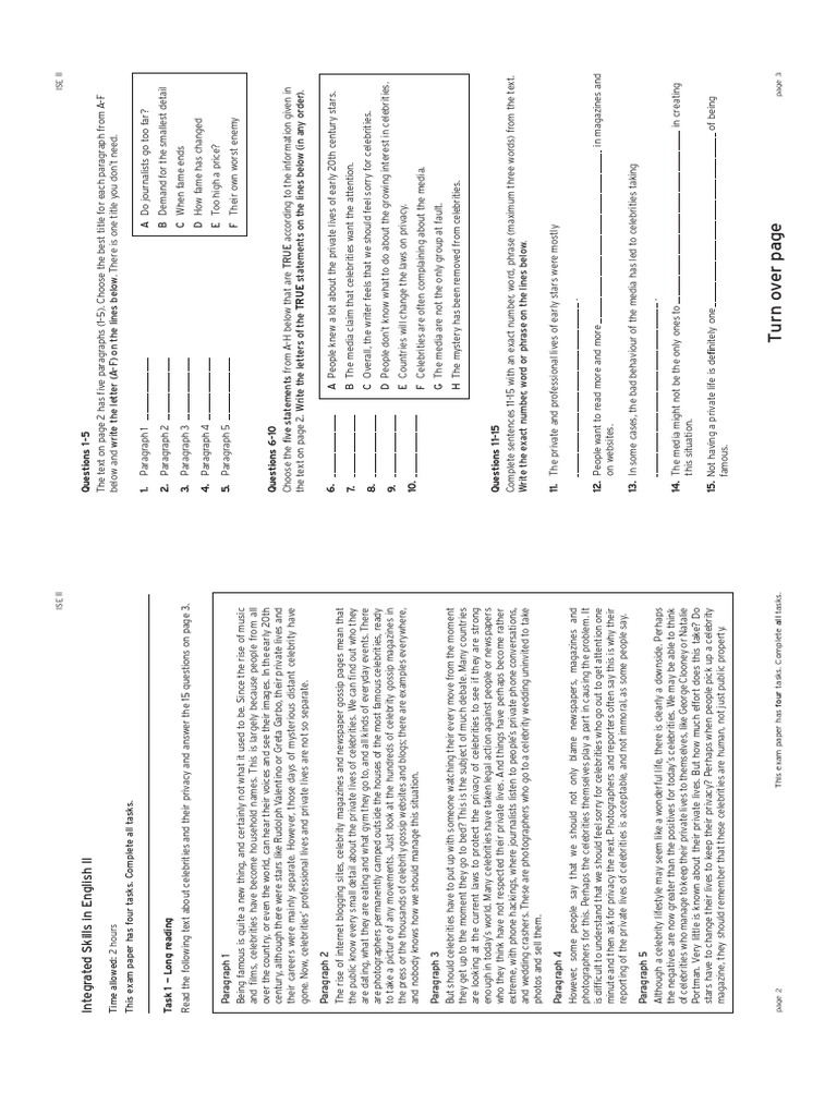 ISE II Practice Test 3 | PDF | Bird Migration | Celebrity