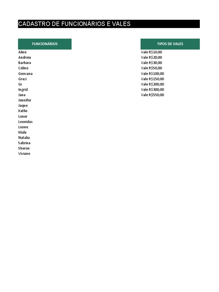 Planilha de vales de funcionarios no excel pdf
