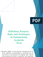 Definition Purpose Rules and Techniques in Summarizing Academic Texts