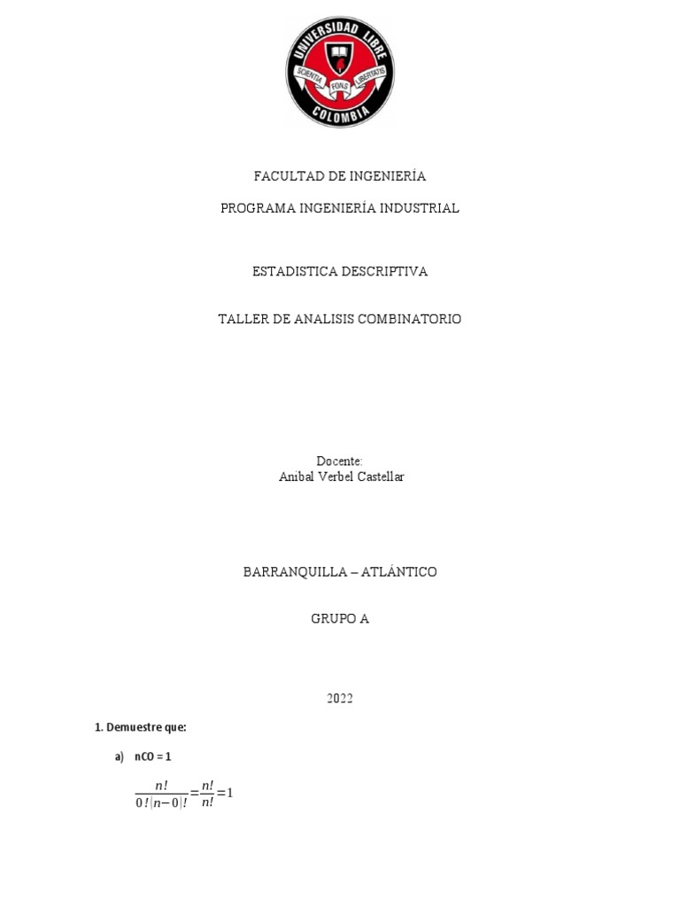 Taller Analisis Combinatorio 1 PDF Permutación Matemáticas discretas