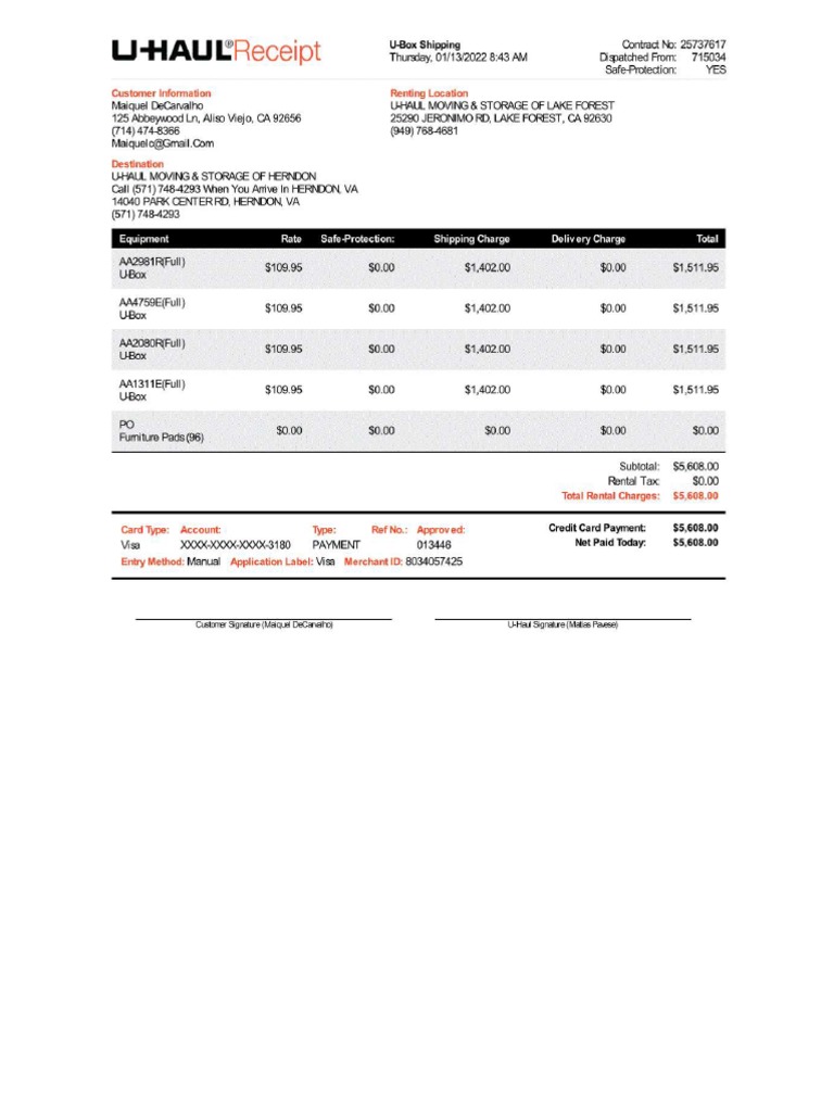 Uhaul PDF Receipt PDF