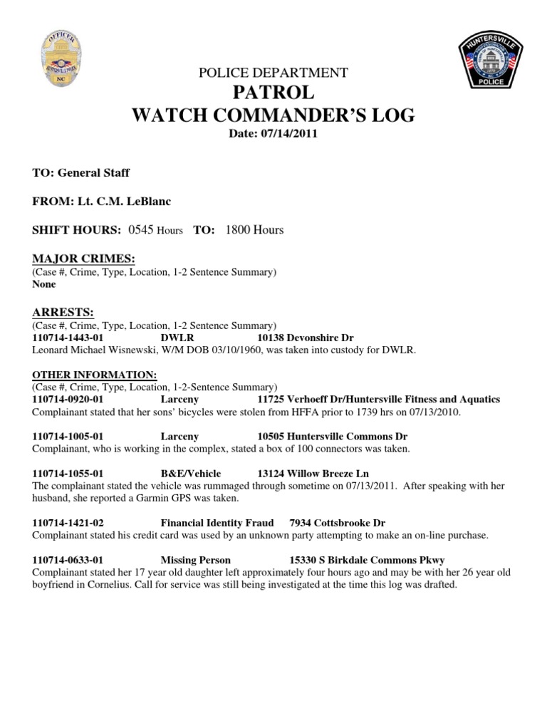 Police Patrol Watch Log - July 2011 | PDF | Science & Mathematics